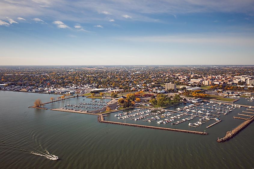 Incredible aerial city skyline wide angle panorama photograph of Sandusky, Ohio from the shoreline of the bay in Lake Erie