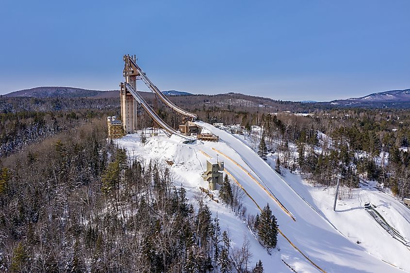Aerial winter view of the iconic Olympic ski jump towers in Lake Placid, New York. 