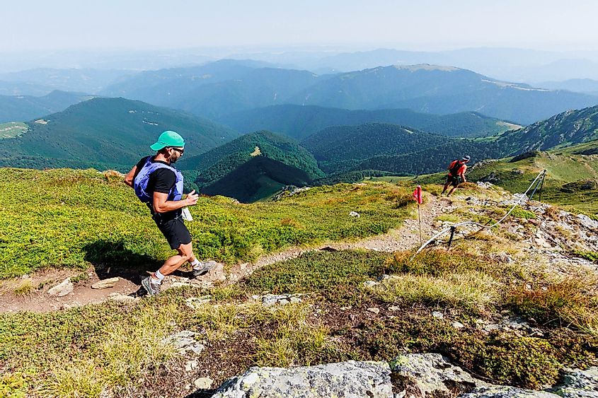 Runners heading down one of the many long the ridges, about halfway into the Balkaniada Sky Race, in the Balkan Mountains