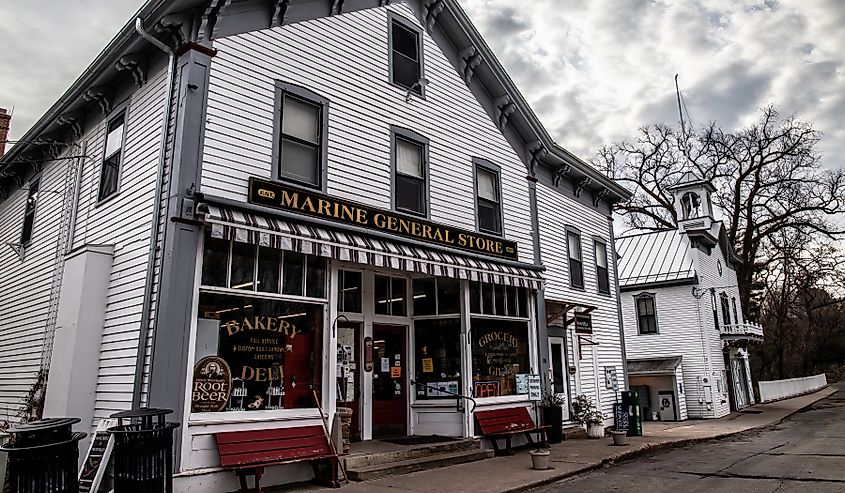 Marine General Store and Marine on St. Croix City Hall in the springtime.