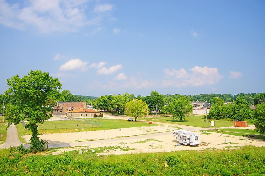 View of Van Buren across a campground from US 60; courthouse square in the distance