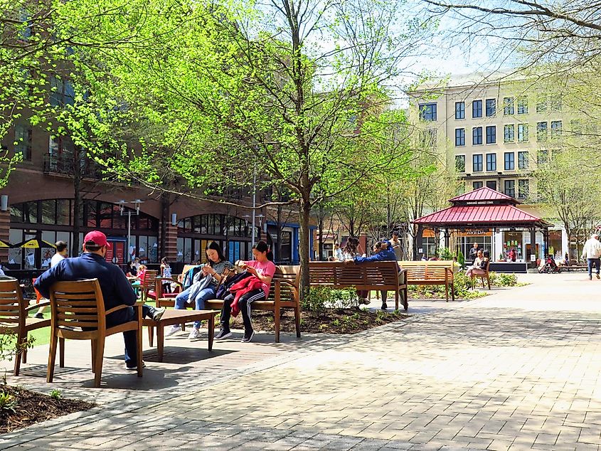 People enjoying the market square in the Rockville Town Center, Rockville, Maryland, USA.