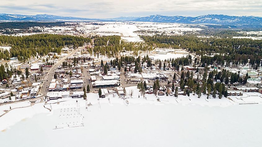 Unique view of downtown McCall, Idaho in winter with the snow-covered Payette Lake