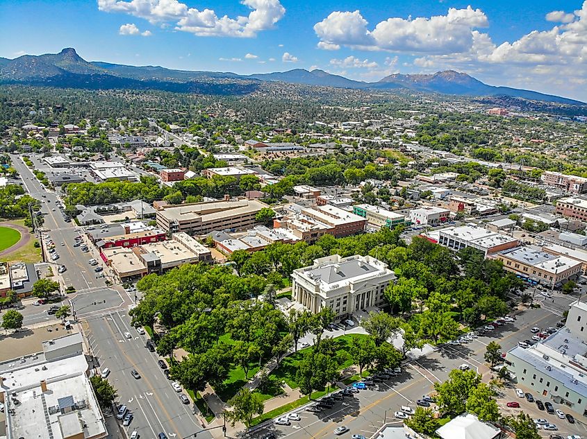 Aerial view of the Courthouse Square in Prescott, Arizona.