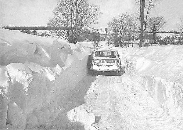 Snow drifts turned many roads into one-lane traffic. This photo is from Feb. 7, 1977.