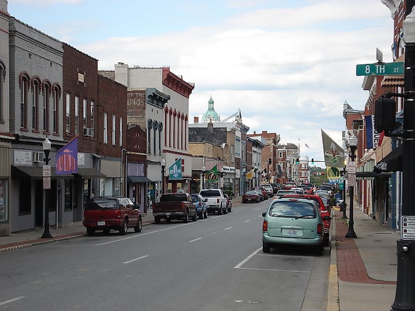 Brick buildings lined along a downtown street in Paris, Kentucky.