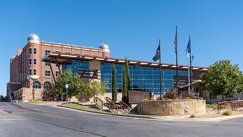 Sulphur, Oklahoma -Oct 2, 2023: Chickasaw Visitor Center with Artesian Hotel, Casino and Spa. National Park Service administration for Chickasaw National Recreation Area.