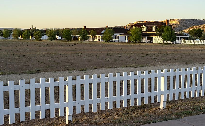  A setting sun gives a warm glow to the historic buildings and parade grounds on display at Arizona's Historic State Park, Camp Verde.