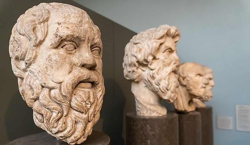 The British Museum, Greek philosophers - Socrates (Sokrates), Antisthenes, Chrysippus of Soli (Chrysippos) and Epicurus (Epikouros). 