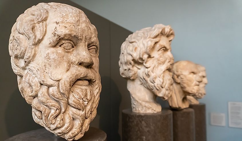 The British Museum, Greek philosophers - Socrates (Sokrates), Antisthenes, Chrysippus of Soli (Chrysippos) and Epicurus (Epikouros).