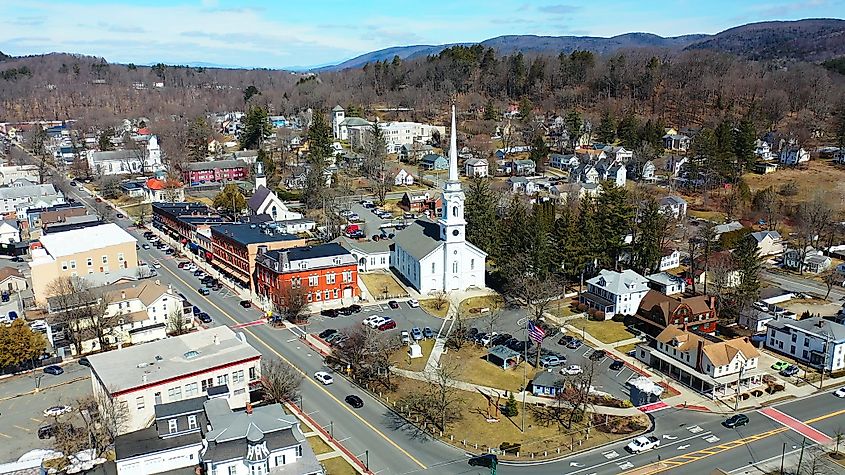 An aerial of Lee, Massachusetts, United States. 