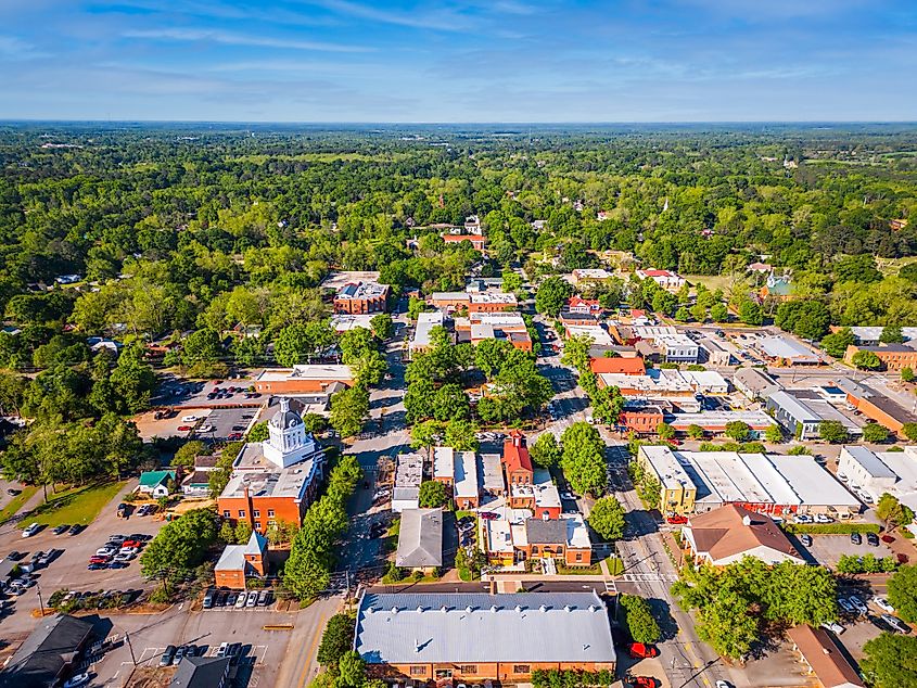 Aerial view overlooking the downtown historic district in Madison, Georgia.