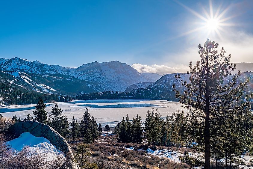 A partly frozen June Lake in the town of June Lake, California.