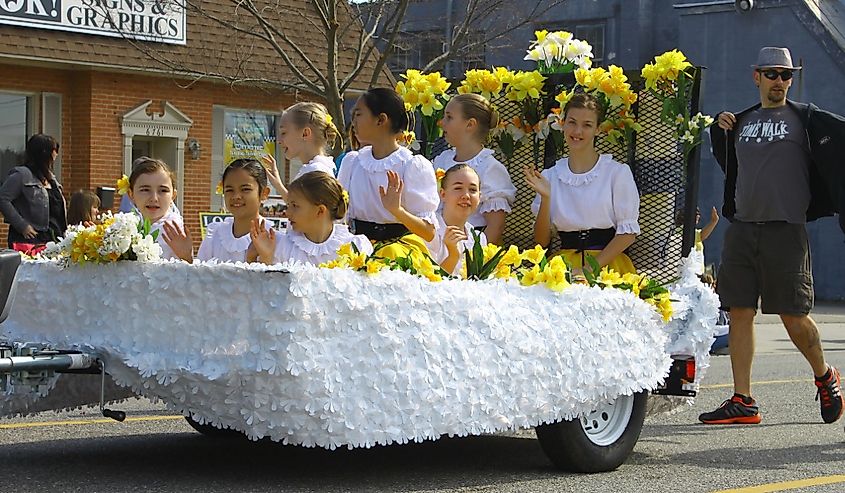 28th annual Daffodil parade, A trailer full of future Daffodil Queens and Princesses in the parade, Gloucester, Virginia.