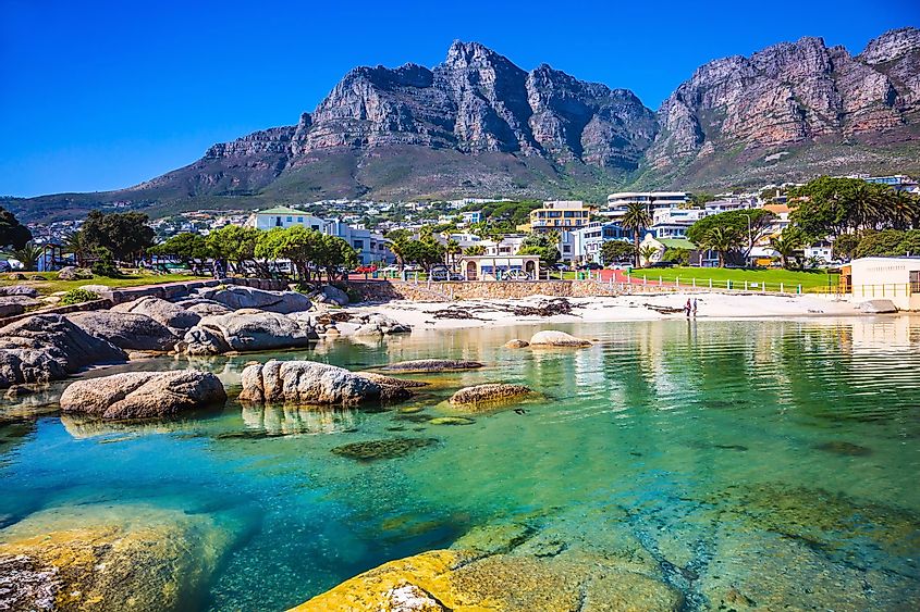 Panorama of Cape Town, South Africa. The city beach against magnificent mountains