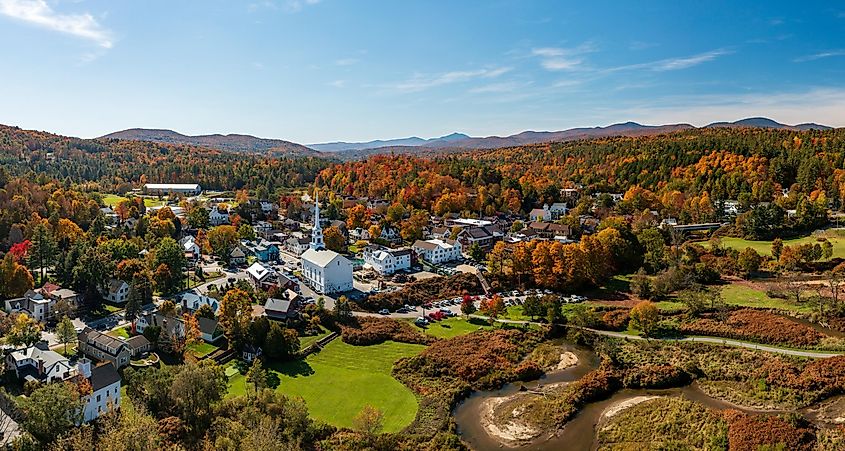 Panoramic Aerial View of Stowe, Vermont in Fall.
