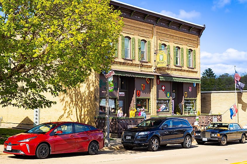 Historic brick building in New Glarus, Wisconsin.