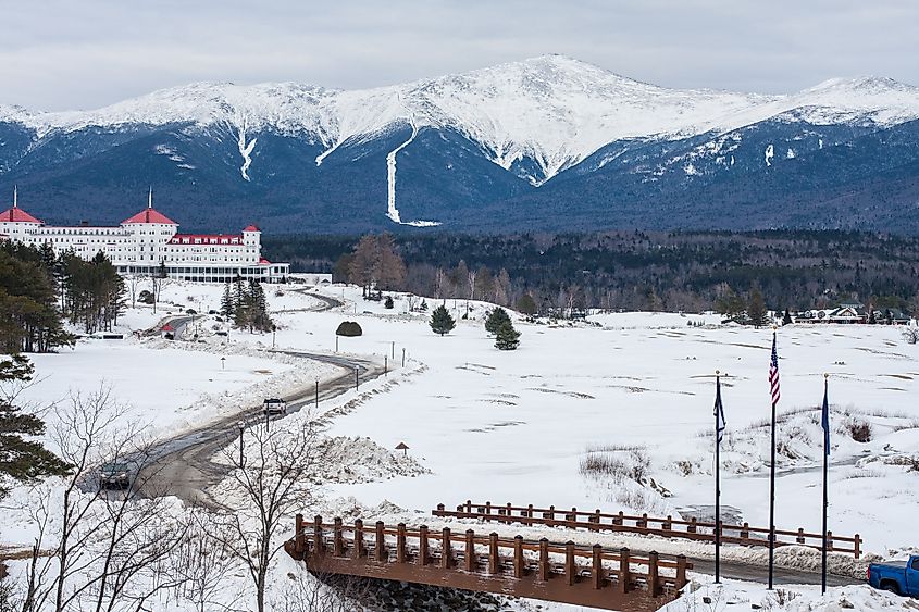 A distant view of Mount Washington, New Hampshire during winter.