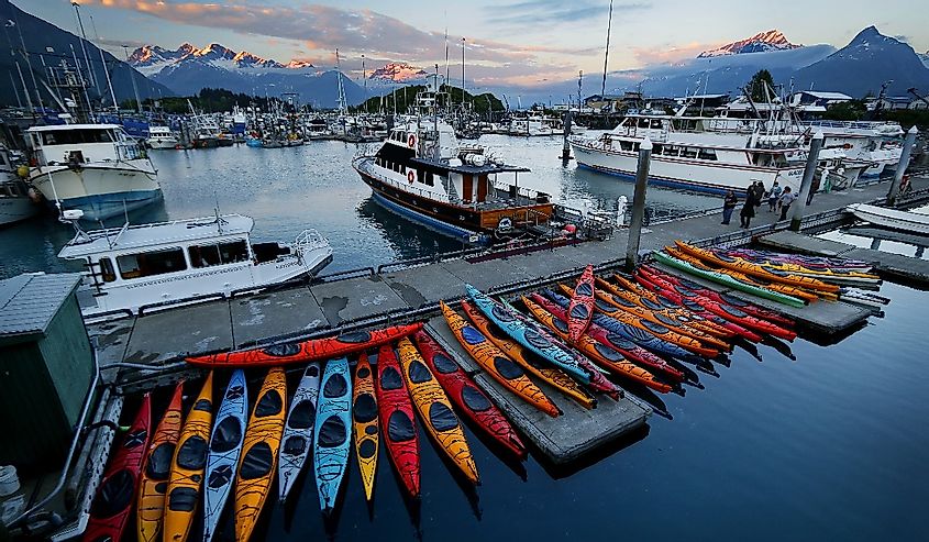 Harbor in Valdez with many colorful kayaks. 