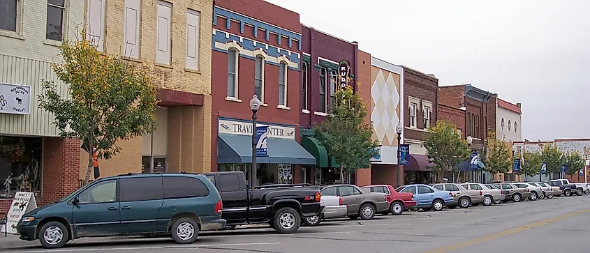 Brick buildings along a street in downtown Atchison, Kansas.