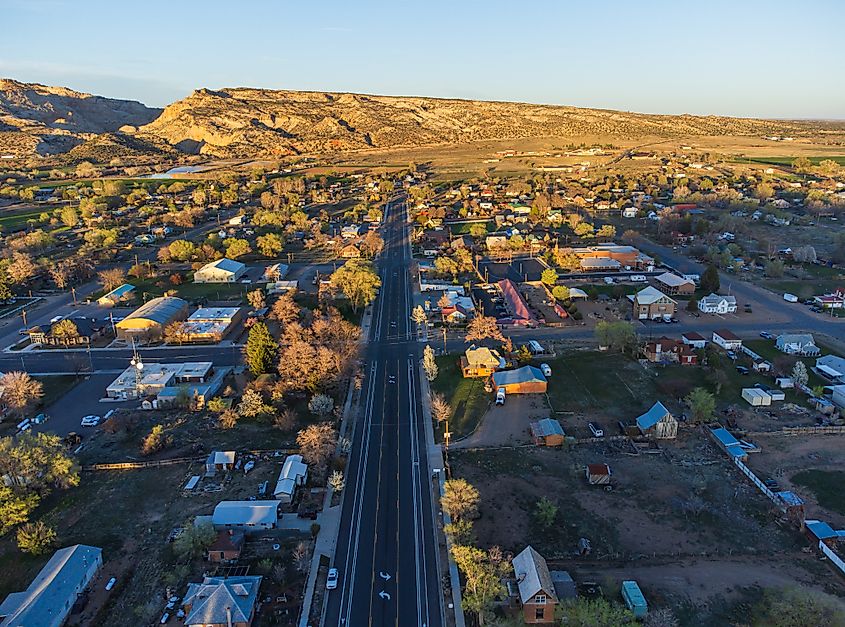 Aerial view of the main street of Escalante, Utah.
