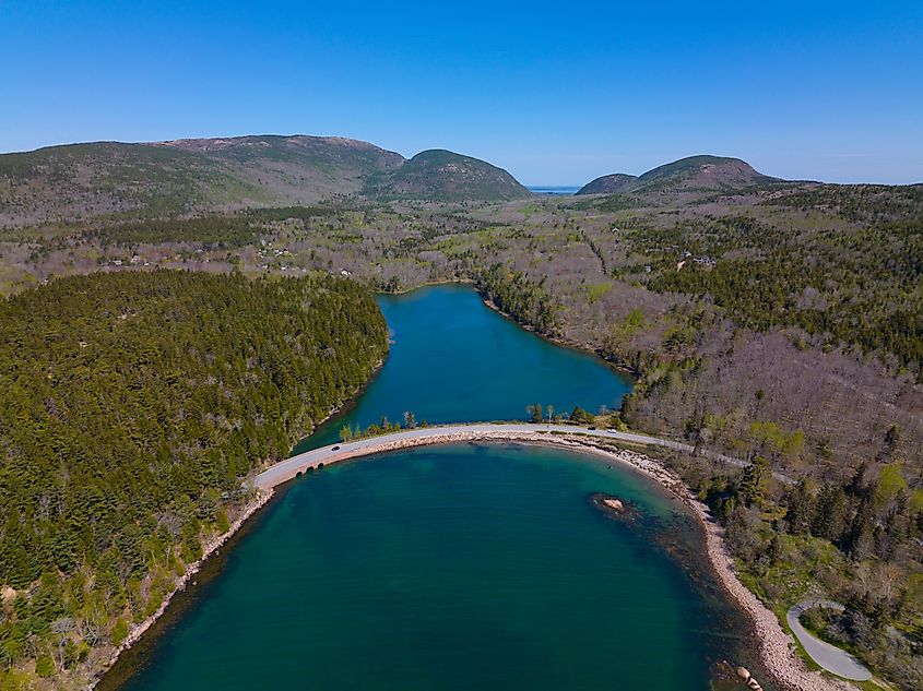 Acadia National Park aerial view including Cadillac Mountain and Otter Cove Bridge over the cove on Mt Desert Island, Maine. 