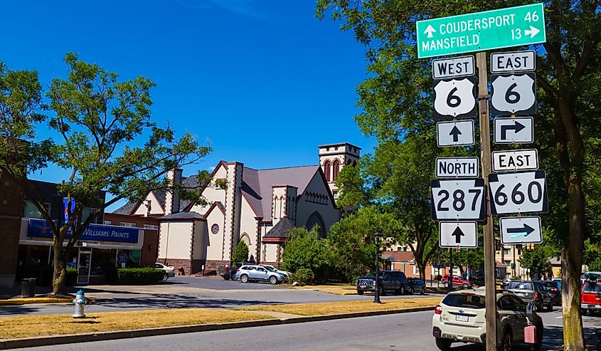 Directional Route Signs on the Main Street of Wellsboro in Tioga County, Pennsylvania