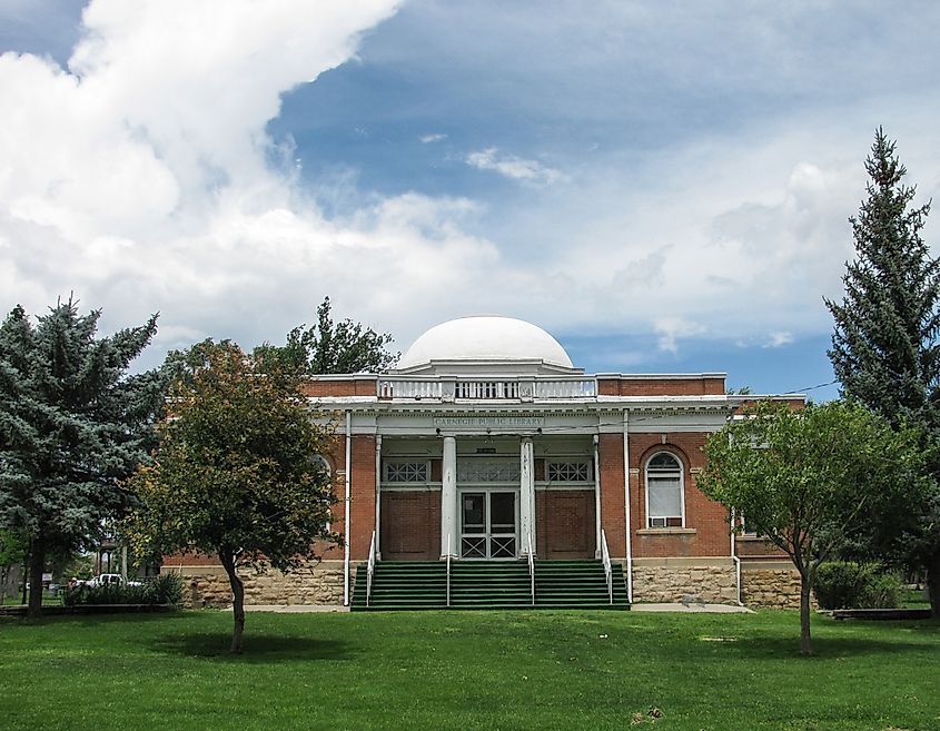 Las Vegas, New Mexico USA - July 25, 2013:Carnegie Library of 1904 is similar in architecture and style to Thomas Jefferson's Monticello, still open and operating in Carnegie Park at 500 National Ave.