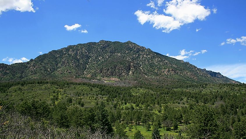 A view of Cheyenne Mountain looking west from Cheyenne Mountain State Park, Colorado.