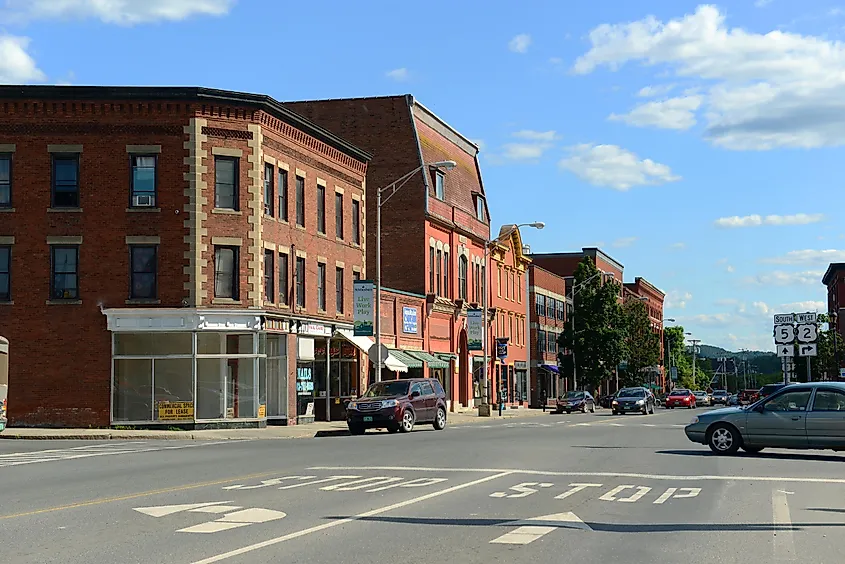 Historic brick buildings along Railroad Street in St. Johnsbury, Vermont.