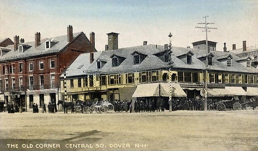 The Old Corner, Central Square, Dover, NH; from a 1909 postcard. It was replaced by the Strafford Banks building, which opened in 1895.