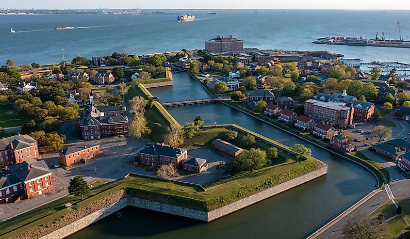 Aerial view of the Fort Monroe National Historic Site looking out toward the James River