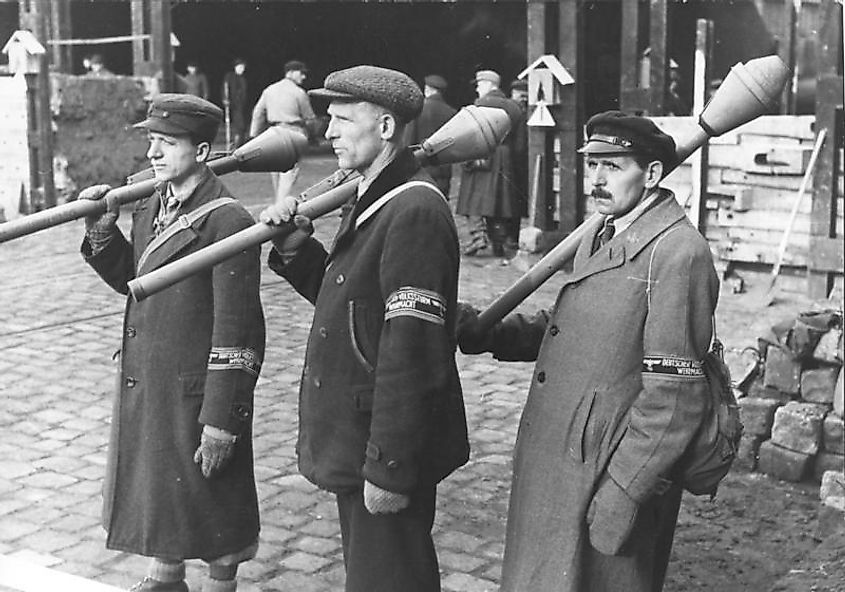 Volkssturm men armed with Panzerfausts, a man-portable anti-tank weapon.