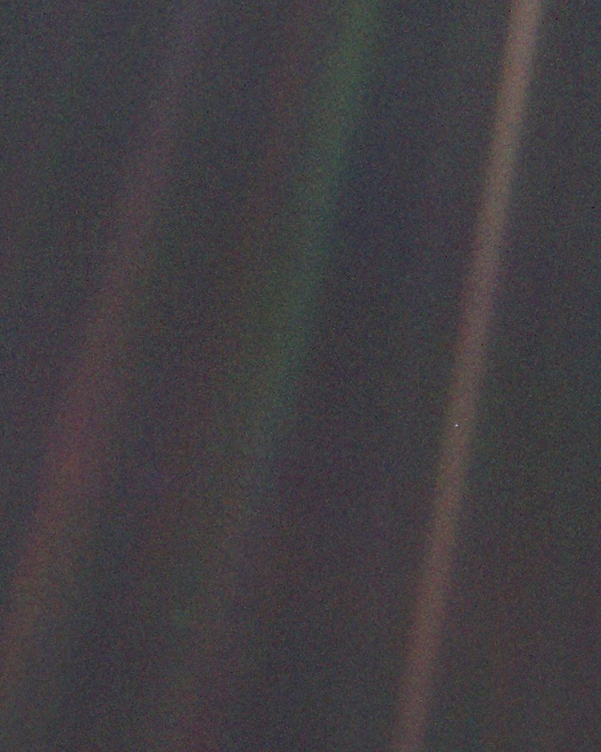 Picture of small blue dot is Earth taken by Voyager 1