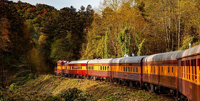 The Great Smoky Mountain Railroad train in western North Carolina near the Great Smoky Mountains National Park.