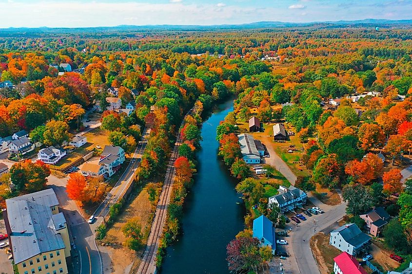 Aerial Drone Photography Of Downtown Somersworth, NH (New Hampshire) During The Fall Foliage Season.