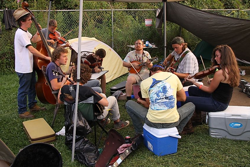 A jam session at the Old Fiddlers' Convention in Galax, Virginia.