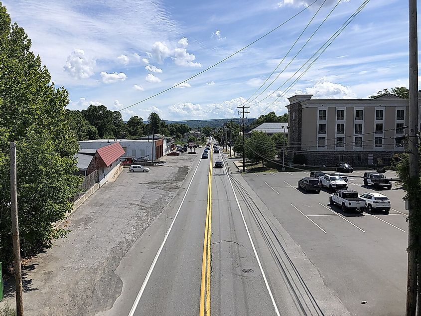 View north along U.S. Route 209 Business (Main Street) from the overpass for U.S. Route 209 in Stroud Township, Monroe County, Pennsylvania