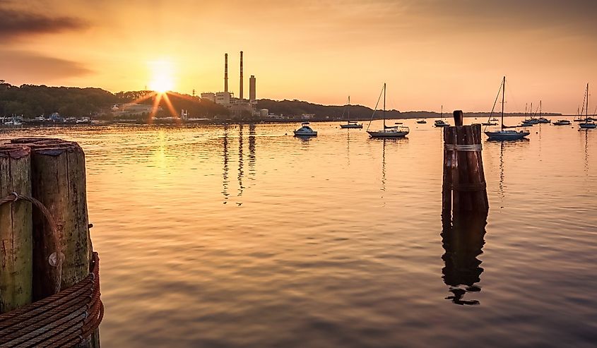 Port Jefferson, New York marina at sunset.
