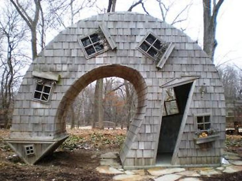 Front of the Twisted House at the Indianapolis Art Center in Indianapolis, Indiana.
