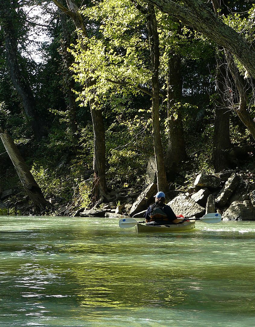 Kayaking on the Mulberry River near Ozark, Arkansas.