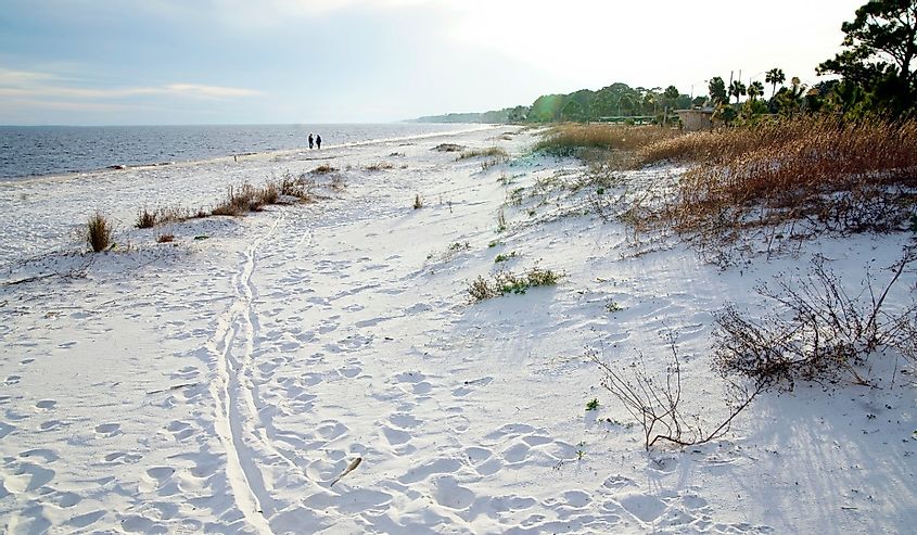 People walking along the white sands of Carrabelle beach