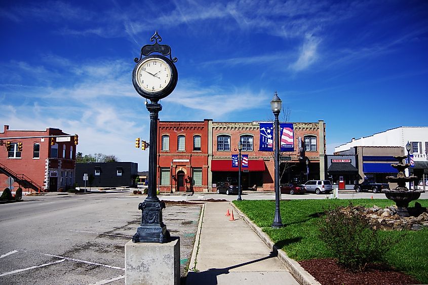 View along the south side of the courthouse square in Livingston, Tennessee, with Main Street on the left.