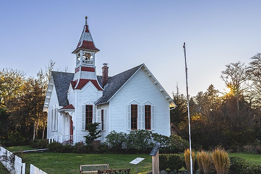 Sunrise at the restored Oysterville community church on the south Washington coast.