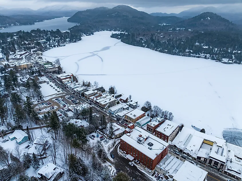 Aerial view of Mirror Lake in Lake Placid, New York in winter.