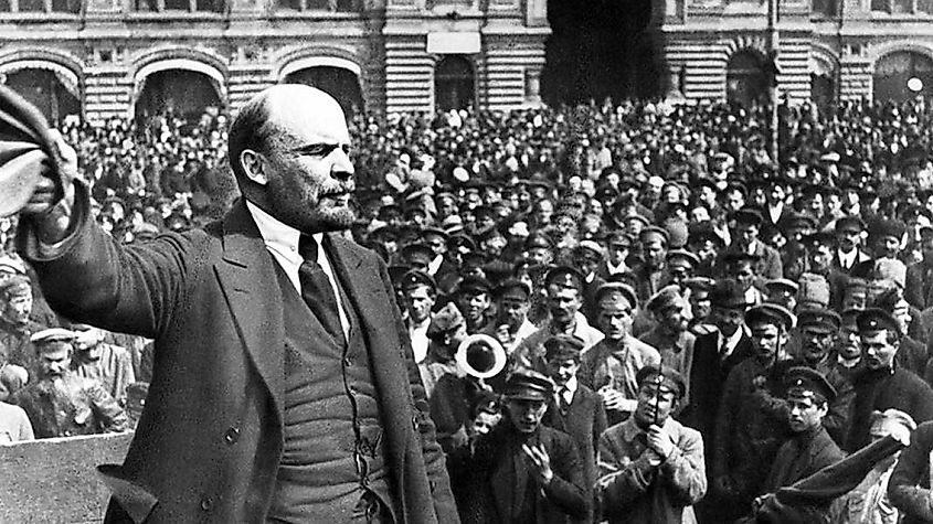 Vladimir Lenin giving a speech in St. Petersburg
