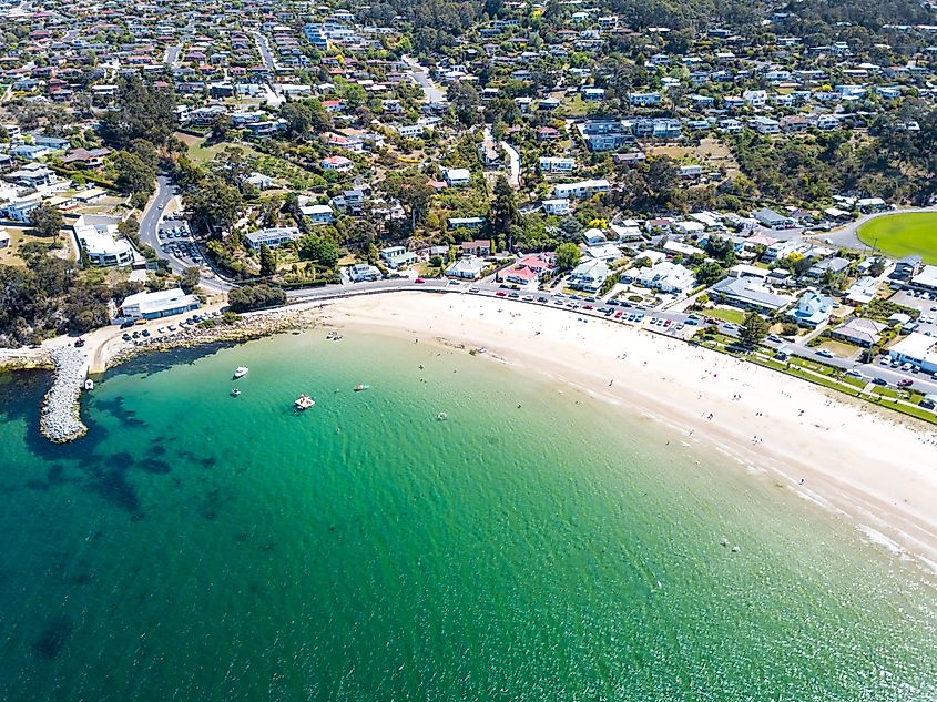 An aerial view of Kingston Beach in Hobart, Tasmania, Australia