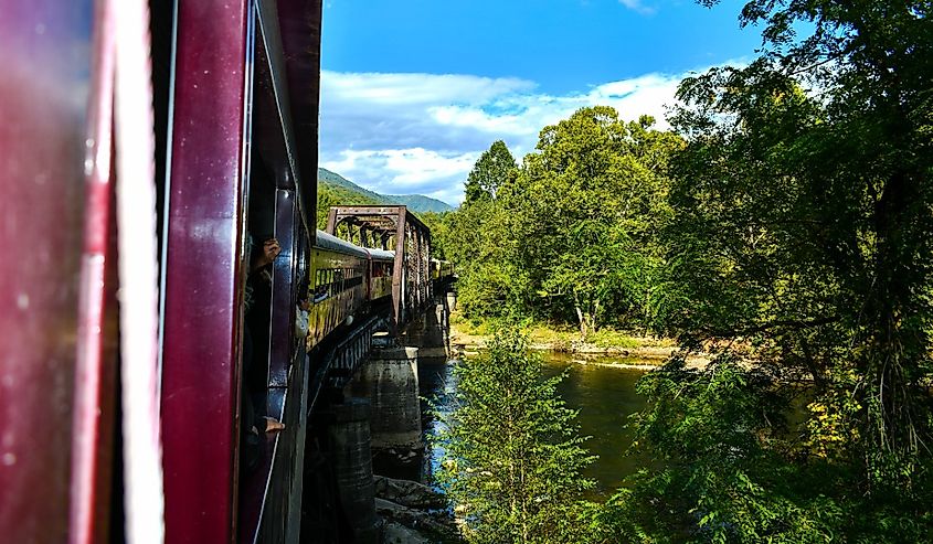 Scenic Views from the Great Smoky Mountain Railroad in Bryson City, North Carolina- Tuckasegee River Excursion
