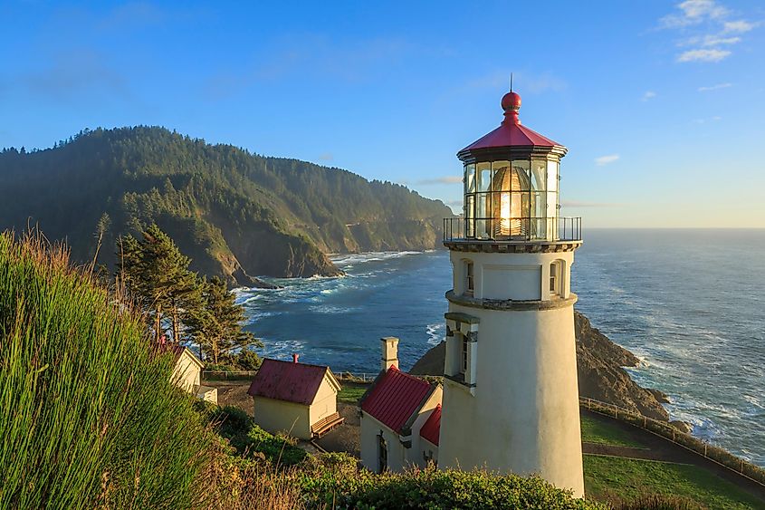 Aerial view of Heceta Head Lighthouse near Florence, Oregon.