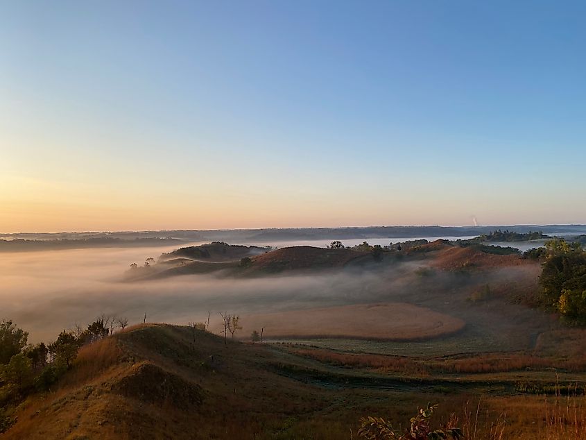 Fog rolling in over the Loess Hills in Iowa